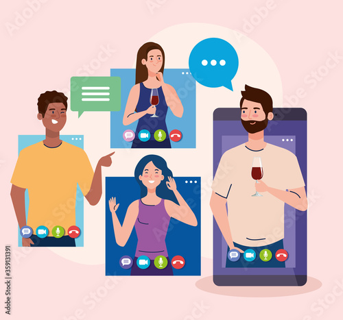 online party, meeting friends, people have online party together in quarantine, video conference, party web camera online holiday vector illustration design