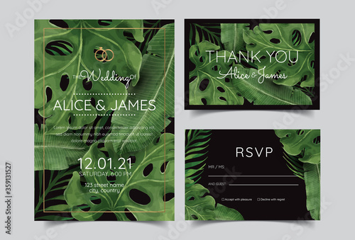 Tropical Greenery Wedding Invitation Printable, Summer Beach Wedding Invite Hawaii Destination Wedding Invitation set geometric palm leaves