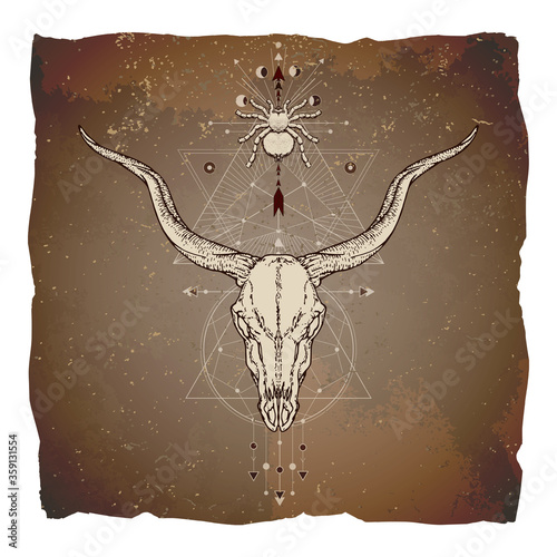 Vector illustration with hand drawn antelope skull, spider and Sacred geometric symbol on vintage paper background with torn edges. Abstract mystic sign. Image in sepia and red color. 