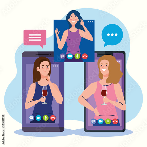 online party, meeting friends, women have online party together in quarantine, video conference, party web camera online holiday vector illustration design