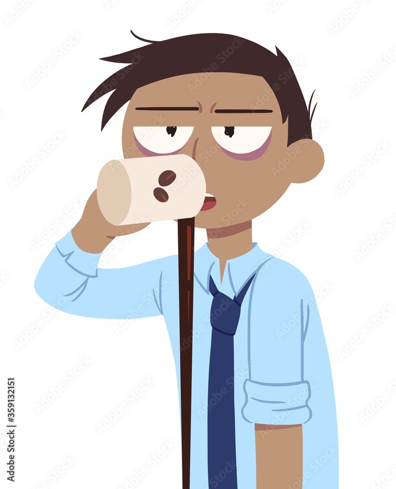 Tired and sleepy office worker drinking coffee, but it is pouring down on the floor Tired and sleepy office worker drinking coffee, but it is pouring down on the floor