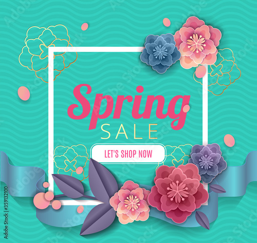 Spring sale blossom flowers with ribbons background cut paper art style for banner, poster, promotion, web site, online shopping, advertising. Vector illustration.