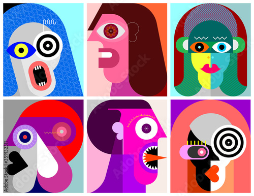 Six Portraits modern art vector illustration. Composition of six different abstract images of human face.