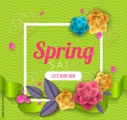 Spring sale blossom flowers with ribbons background cut paper art style for banner, poster, promotion, web site, online shopping, advertising. Vector illustration.