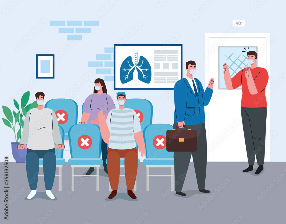 social distance in the waiting room medical, people wearing medical mask, prevention coronavirus covid 19 vector illustration design social distance in the waiting room medical, people wearing medical mask, prevention coronavirus covid 19 vector illustration design