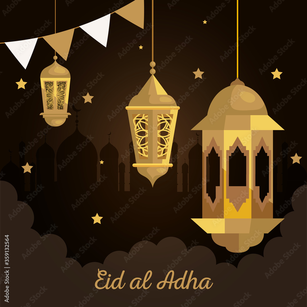 eid al adha mubarak, happy sacrifice feast, with golden lanterns and garlands hanging decoration vector illustration design