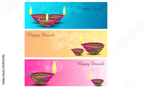 Diwali Diya web banner, labels, and card