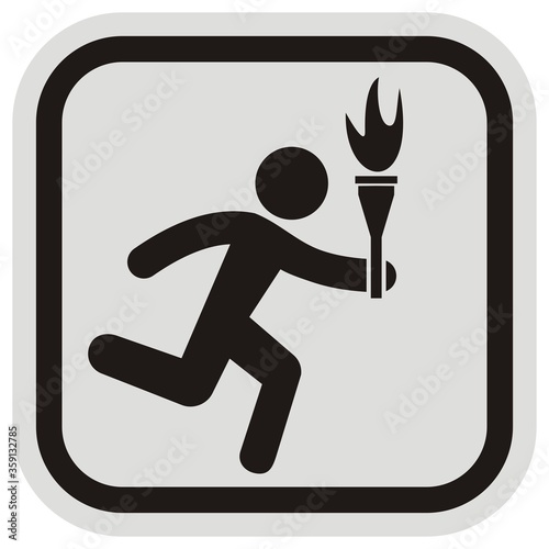 running man holding a olympic torch, black silhouette, vector icon at gray and black frame