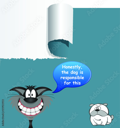 Comical cat blaming the innocent dog for ripping the wallpaper with the blameless pooch looking on 
