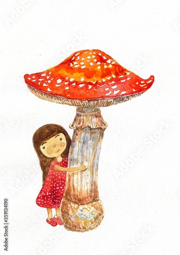 watercolor illustration of a cute girl in a red dress with brown hair hugging a large mushroom fly agaric isolated on a white background