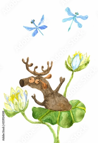 watercolor comical illustration of a funny moose with bulging eyes and outstretched arms floating and sinking in a swamp among water lilies 