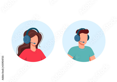 Icons of support specialist, call center employee, man and woman. Vector flat iconography isolated on white background.