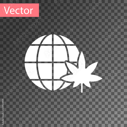 White Legalize marijuana or cannabis globe symbol icon isolated on transparent background. Hemp symbol.  Vector Illustration