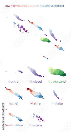 Solomon Islander low poly regions. Polygonal map of Solomon Islands with regions. Geometric maps for your design. Creative vector illustration.