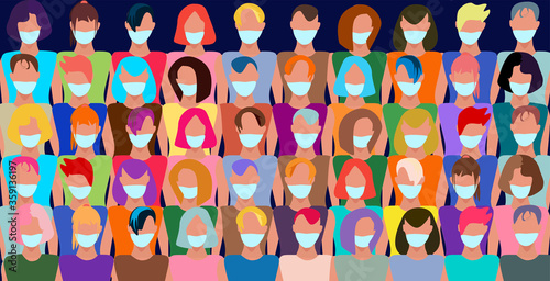 A crowd of people in an antiviral mask. New Coronavirus (2019-nKoV). Quarantine Compliance Concept. Pandemic flu, virus, bacteria.