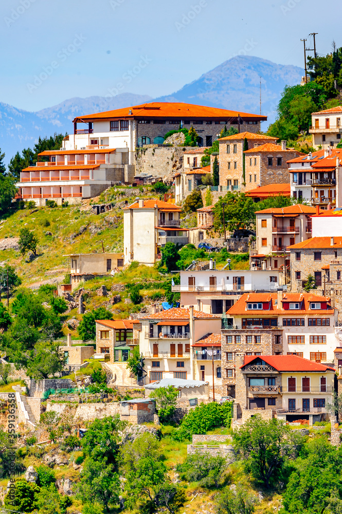 It's Arachova, Greece. A village on the green slopes of Parnassus Mountains, Greece