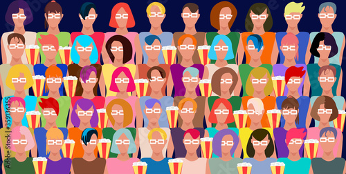A crowd of people in a movie theater. Watch a movie through 3D glasses. Popcorn while watching a movie. Graphic drawing. Cartoon style