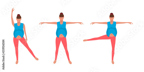 A pregnant girl performs a warm-up of arms and legs. Exercises for the upper muscles and lower back. Circular movements with arms and legs. The concept of maintaining body tone during pregnancy.