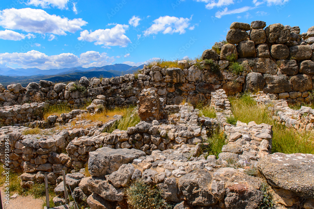It's Mycenae, center of Greek civilization, Peloponnese, Greece. Mycenae is a famous archaeological site in Greece. UNESCO World Heritage Site