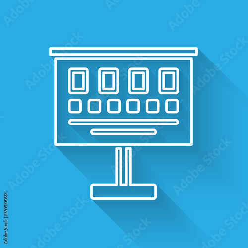 White line Eye test chart icon isolated with long shadow. Poster for vision testing in ophthalmic study. Snellen chart.  Vector Illustration