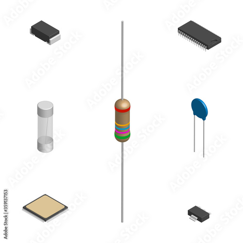 Set of different 3D electronic components, vector illustration.