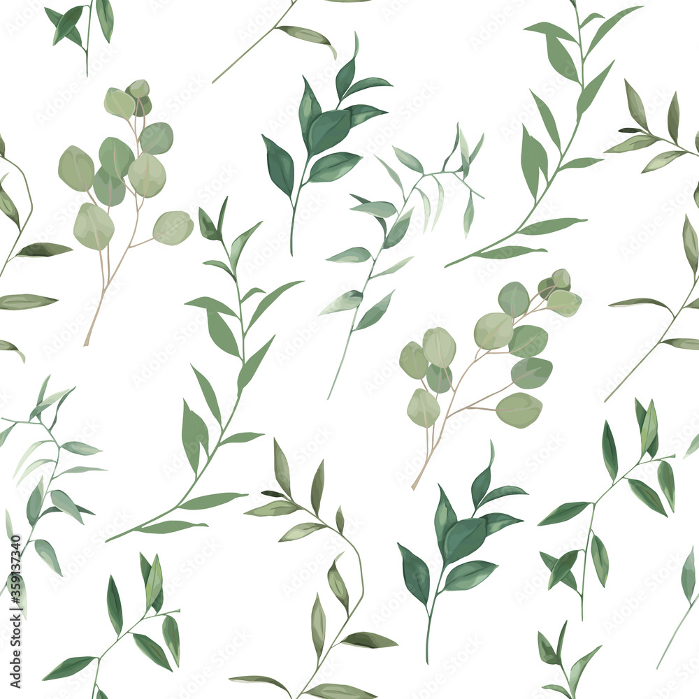 Organic herbal seamless pattern with eucalyptus branches. Greenery print on white background. Vector illustration - obrazy, fototapety, plakaty 