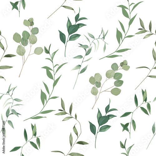 Organic herbal seamless pattern with eucalyptus branches. Greenery print on white background. Vector illustration