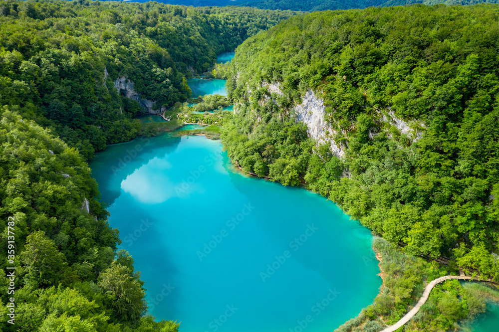 Aerial view of the lakes on the Plitvice Lakes National Park, Croatia