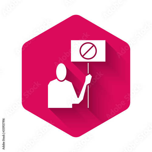 White Nature saving protest icon isolated with long shadow. Earth planet protection, environmental issues demonstration. Pink hexagon button. Vector Illustration