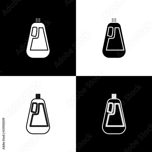 Set Plastic bottle for liquid laundry detergent, bleach, dishwashing liquid icon isolated on black and white background.  Vector Illustration