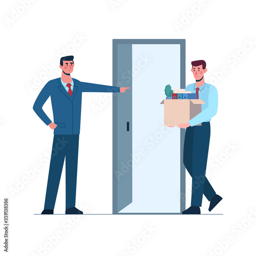 Fired person leaves the office with a box in his hands. .Evil boss leaves man without work. Job loss due to crisis, .pandemics, economic decline. Dismissed employee, unemployment. Vector, flat