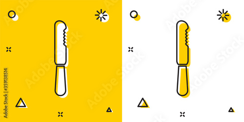 Black Disposable plastic knife icon isolated on yellow and white background. Random dynamic shapes. Vector Illustration
