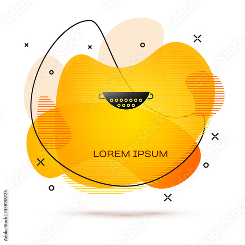 Black Kitchen colander icon isolated on white background. Cooking utensil. Cutlery sign. Abstract banner with liquid shapes. Vector Illustration