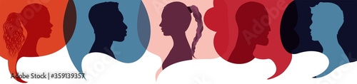 Silhouette heads people in profile.Speech bubble.Diversity people.Talking dialogue and inform.Communicate group of multiethnic and multicultural people who talk and share ideas.speak