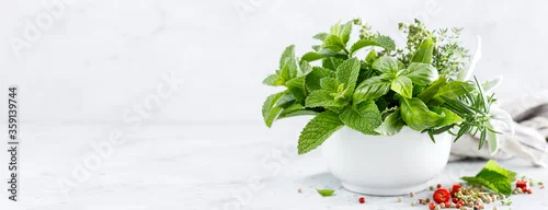 Panel kuchenny z motywem Bunch of aromatic herbs in mortar on kitchen table. Banner