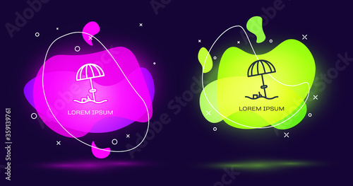 Line Sun protective umbrella for beach icon isolated on black background. Large parasol for outdoor space. Beach umbrella. Abstract banner with liquid shapes. Vector Illustration