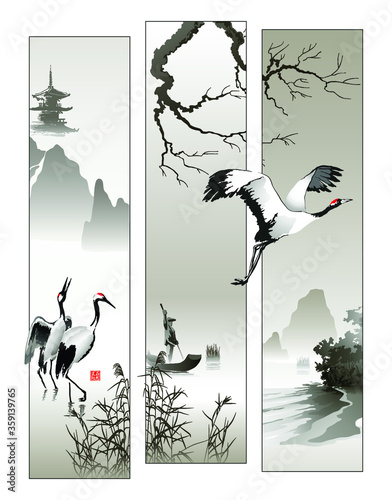 Japanese cranes and fisherman on the lake. Modular illustration in oriental style. Vector. Hieroglyphs  - Beauty in nature.