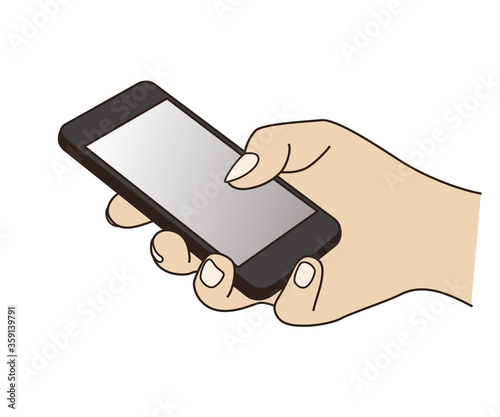 スマートフォンを持って指で操作する手元の線画イラスト