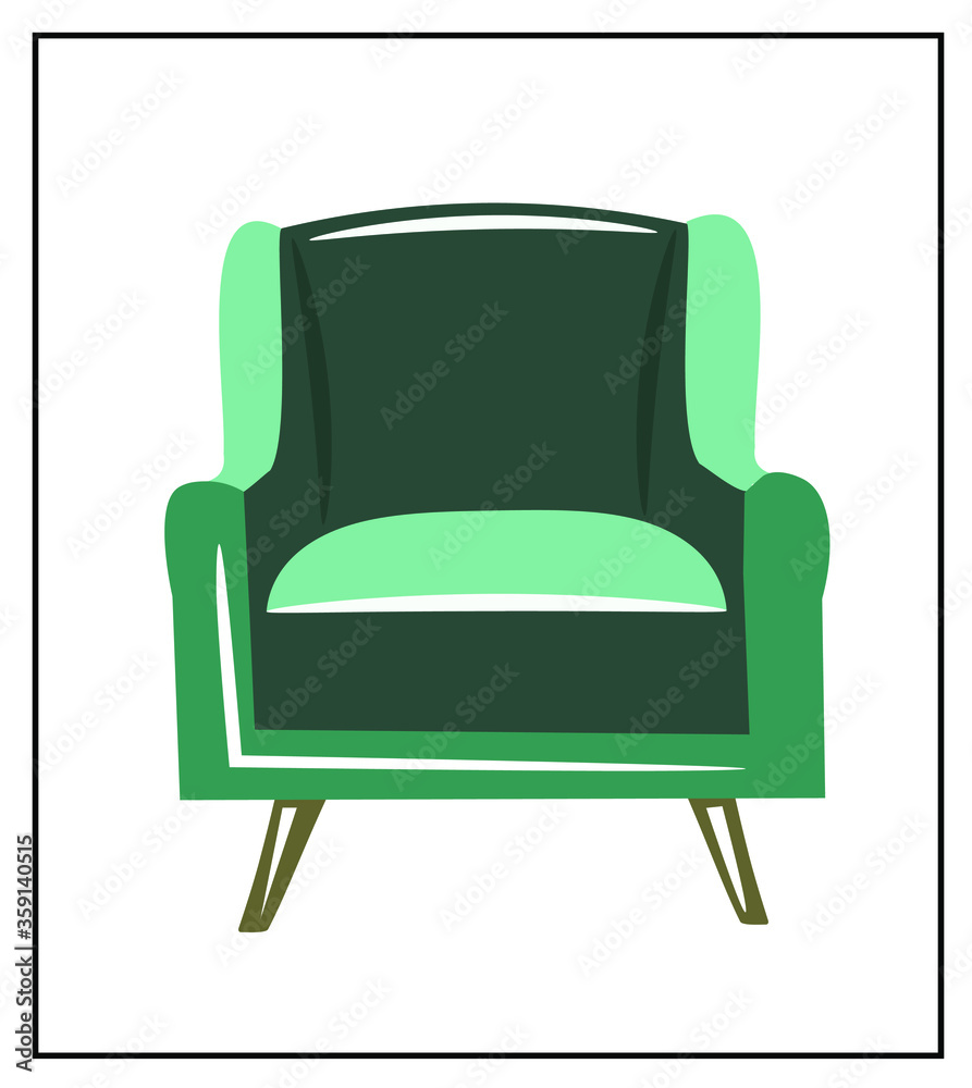 Beautiful fashionable bright green emerald herbal armchair. Vector isolated image on a white background. An elegant piece of furniture for the interior. Beautiful fashionable bright green emerald herbal armchair. Vector isolated image on a white background. An elegant piece of furniture for the interior.