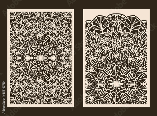 Set of 2 Wedding Invitation or greeting card with lace pattern. Layout congratulatory card with carved openwork pattern. Pattern suitable for laser cutting, plotter cutting or printing. Vector