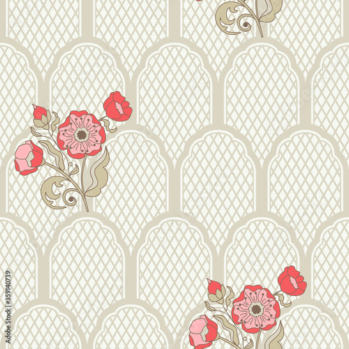 Seamless damask pattern with flowers. Endless pattern can be used for ceramic tile, wallpaper, linoleum, wrapping paper, textile, web page background
