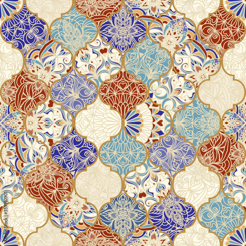 Seamless colorful patchwork in turkish style. Islam, Arabic, Indian, ottoman motifs. Endless pattern can be used for ceramic tile, wallpaper, linoleum, textile, web page background. Vector