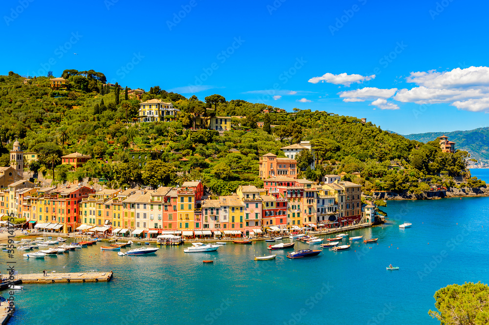 It's Panoramiv view of Portofino, is an Italian fishing village, Genoa province, Italy. A vacation resort with a picturesque harbour and with celebrity and artistic visitors.