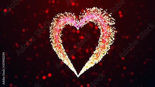 Perspective View 3D Rendering Red And Yellow Heart Shape Fiber Dots Lines With Dark Red Sparkling Glitter Shines Blurry Light Optical Bokeh