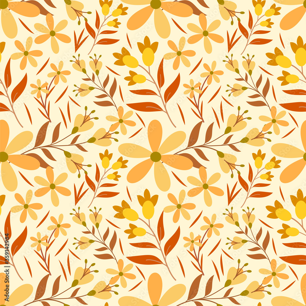 Flower Orange and Yellow Seamless Pattern Premium Illustration Brown Background