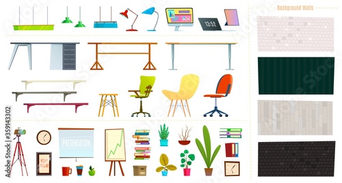 Office interiors creation kit, furniture set. Create your great interior design for any purposes. Modern flat cartoon style illustration.