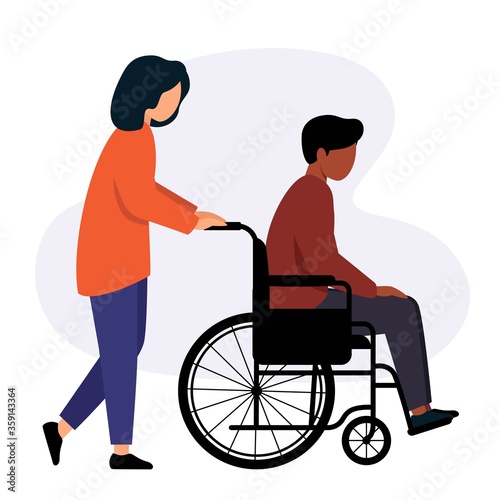 A woman carries a black man in a wheelchair. Disabled guy cannot walk.