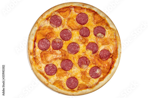Pizza with salami and cheese. View from above. On a white isolated background