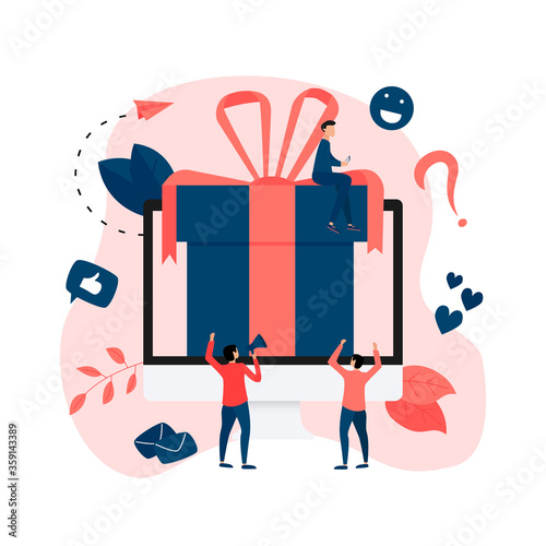 Online gift box. Promotion of online store or shop loyalty program and bonus. Vector illustration for advertisement.	
