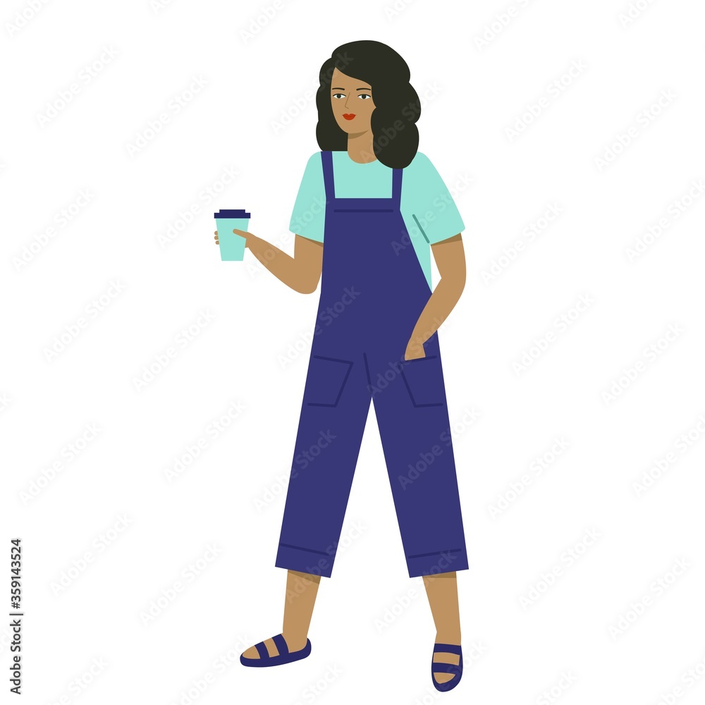 A young woman in overalls holds a glass. The girl carries coffee in her hand. A young woman in overalls holds a glass. The girl carries coffee in her hand.